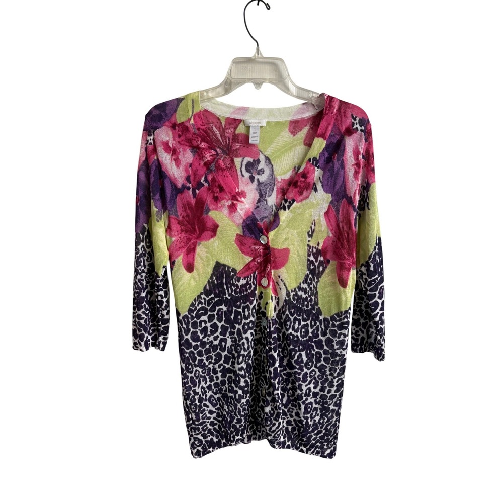 Chicos Floral Leopard Print Cardigan Sweater V-Neck 3/4 Sleeve Size 1 Medium